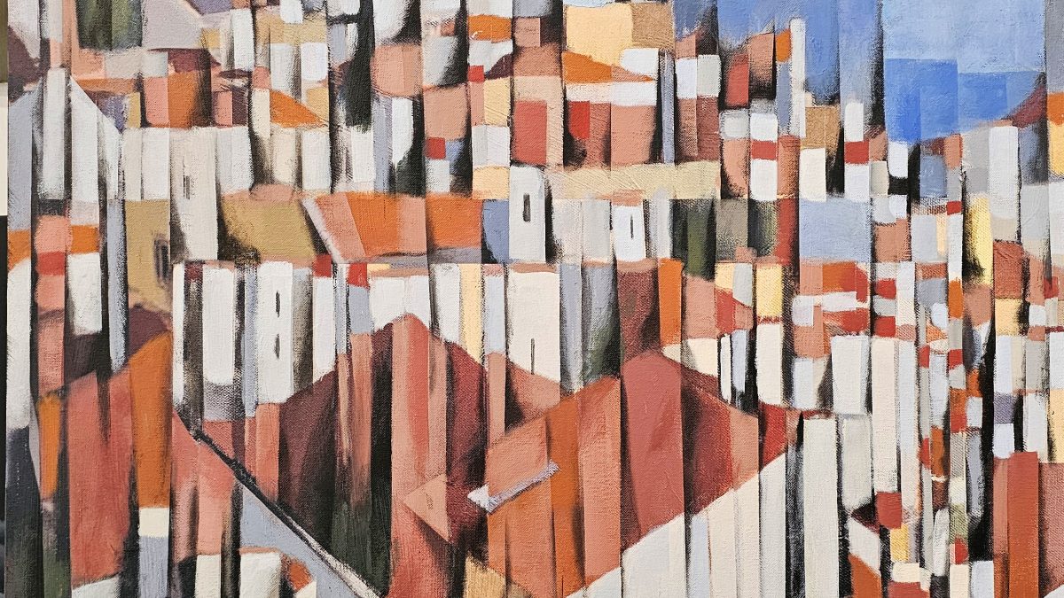 Casario de Lisboa com fachadas brancas e telhados vermelhos em planos verticais, diante do Tejo — pintura de Rui Carruço.