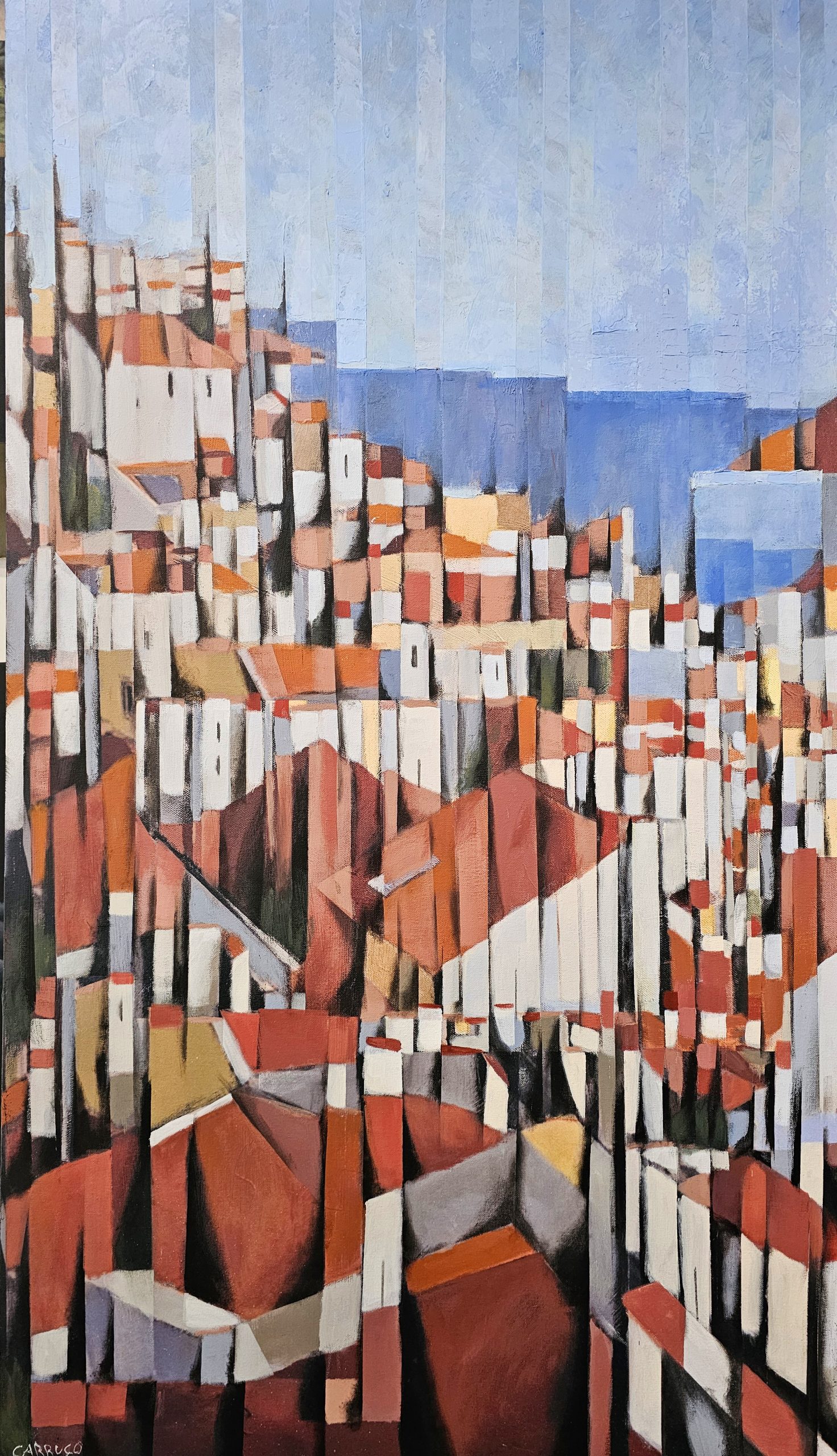 Casario de Lisboa com fachadas brancas e telhados vermelhos em planos verticais, diante do Tejo — pintura de Rui Carruço.