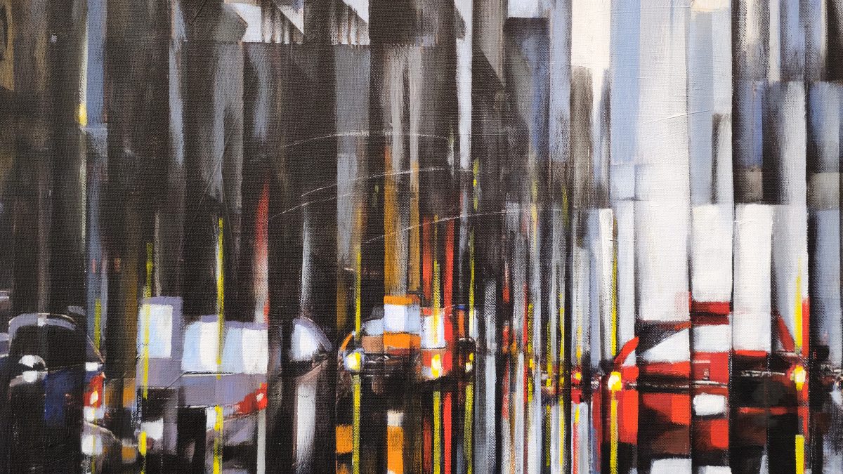 A Cidade Respira em Fragmentos — pintura original de Rui Carruço