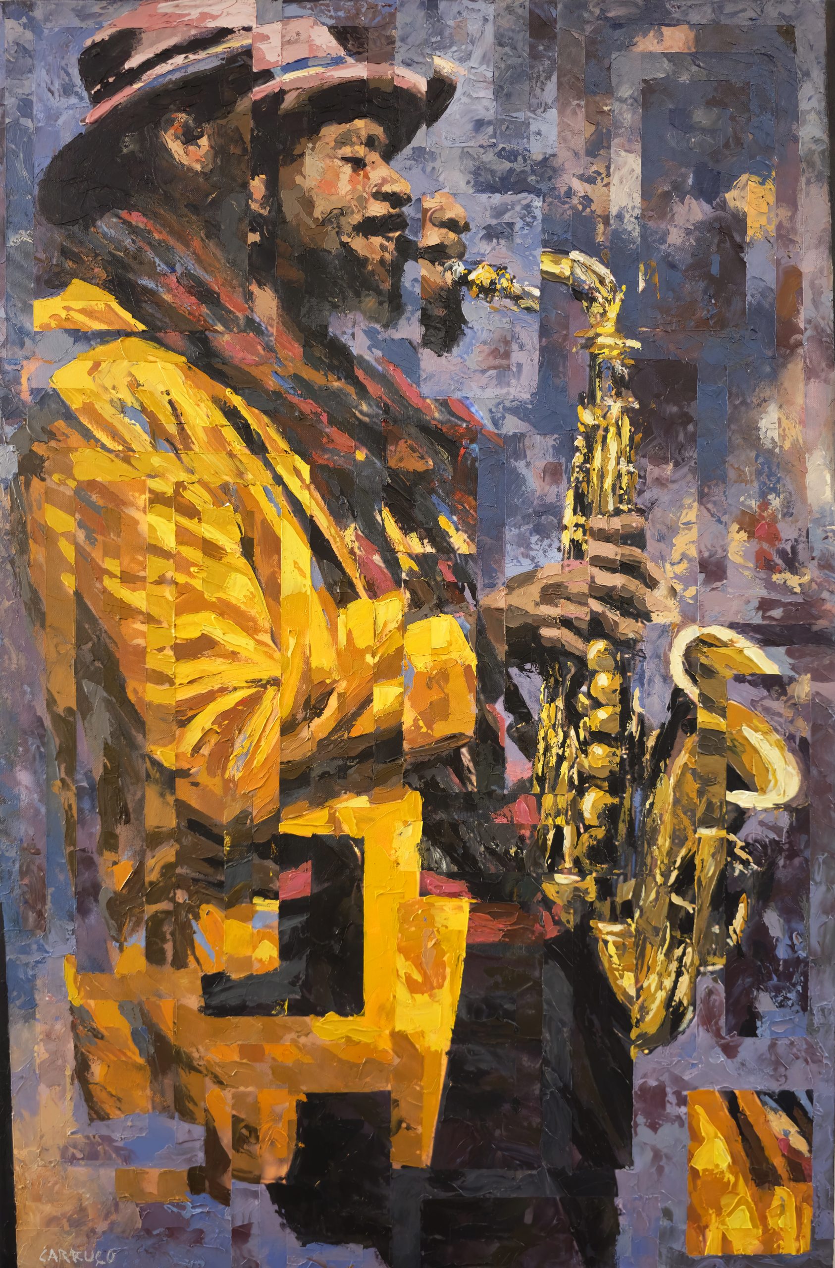 Dois saxofonistas de chapéu e casaco amarelo, numa composição fragmentada — Dança Invisível do Som, de Rui Carruço.