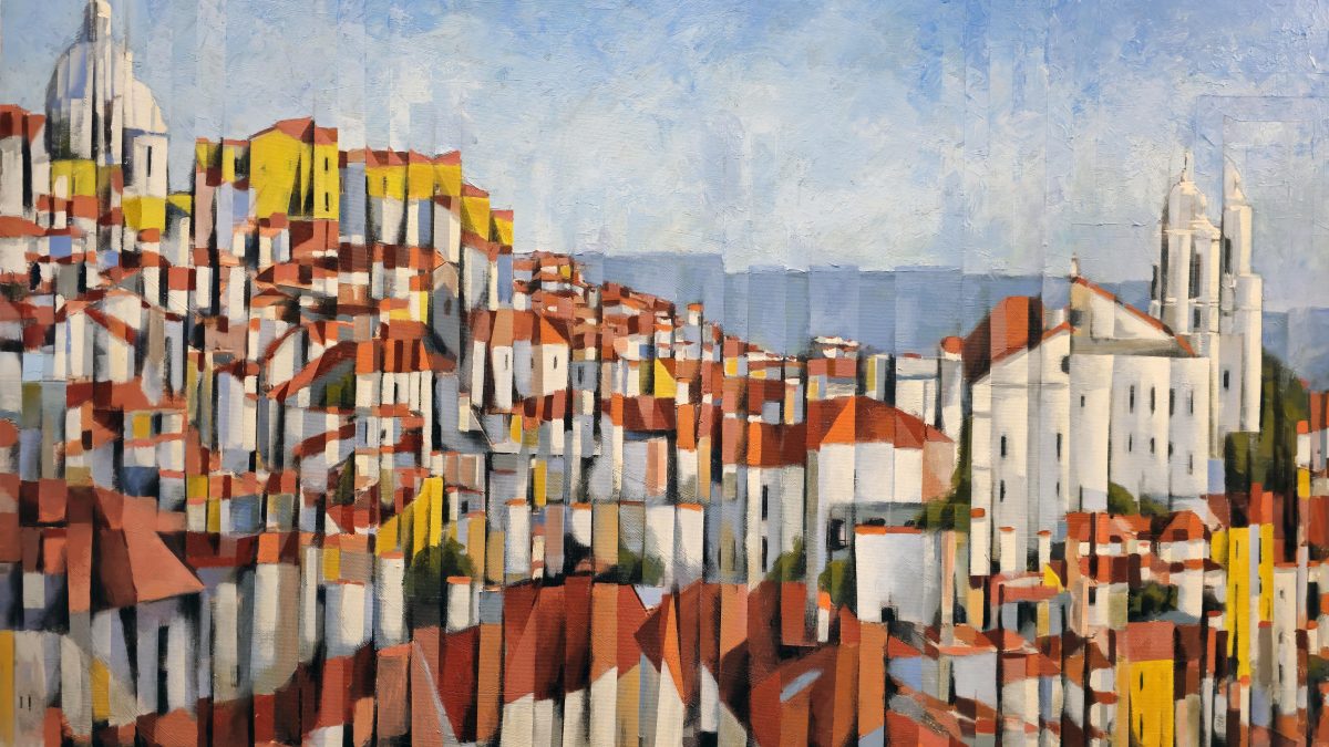 Entre Casas, Céus e Memórias — pintura original de Rui Carruço
