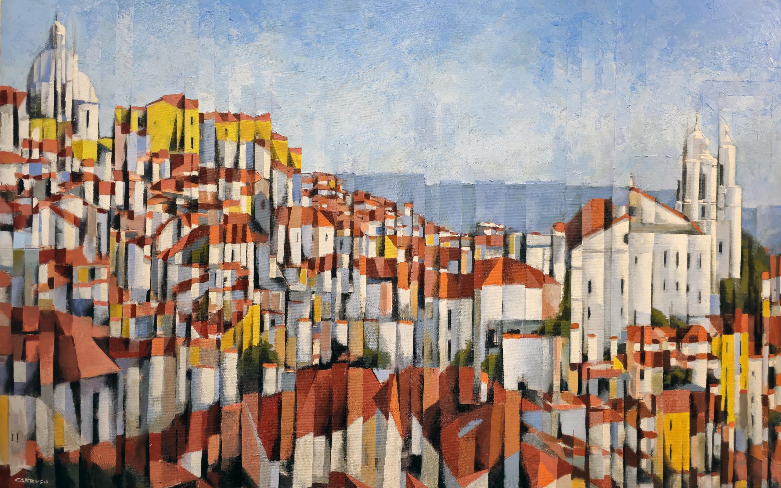 Entre Casas, Céus e Memórias — pintura original de Rui Carruço
