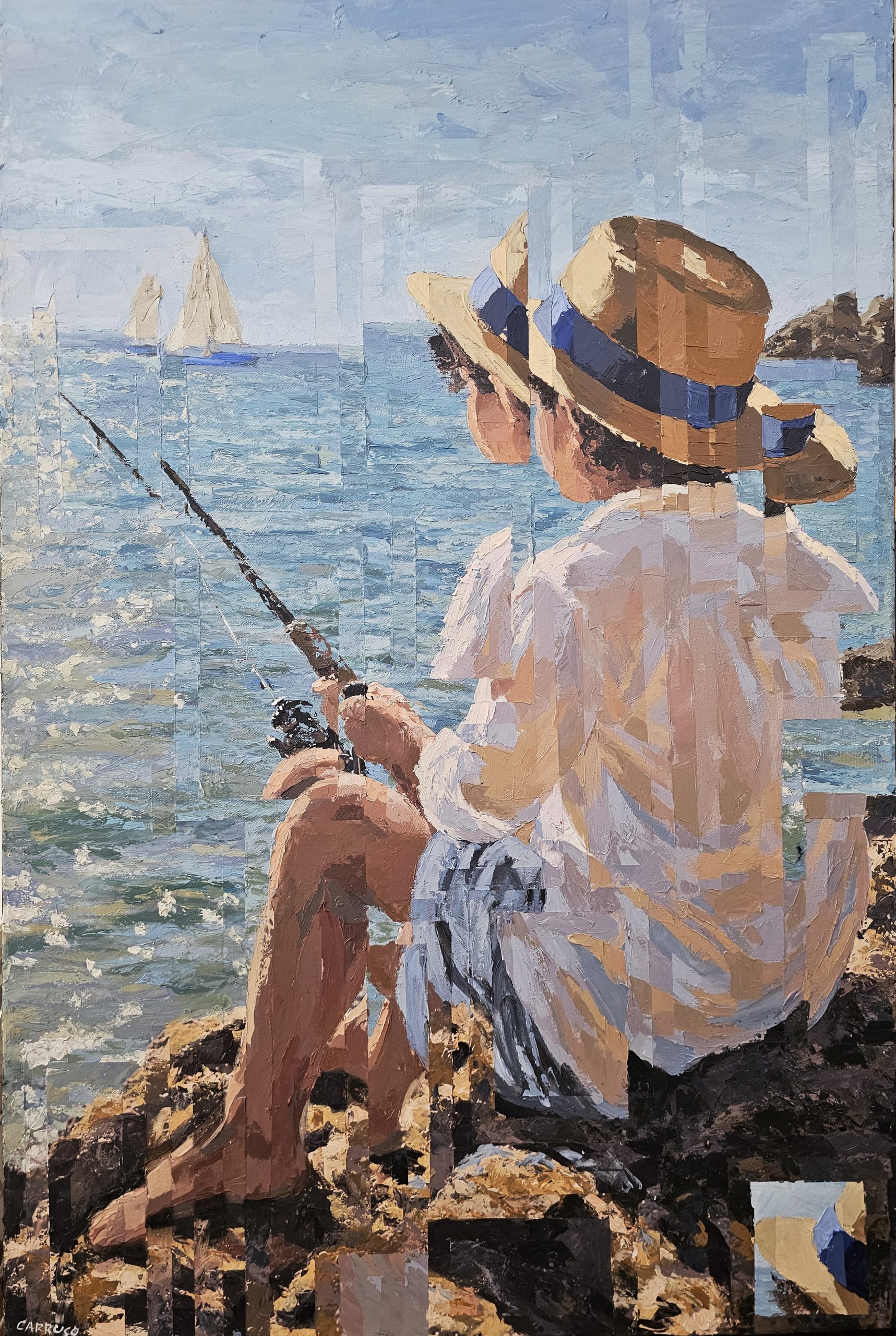 Criança de chapéu sentada nas rochas, com uma cana de pesca diante do mar — O Tempo Entre as Ondas, de Rui Carruço.