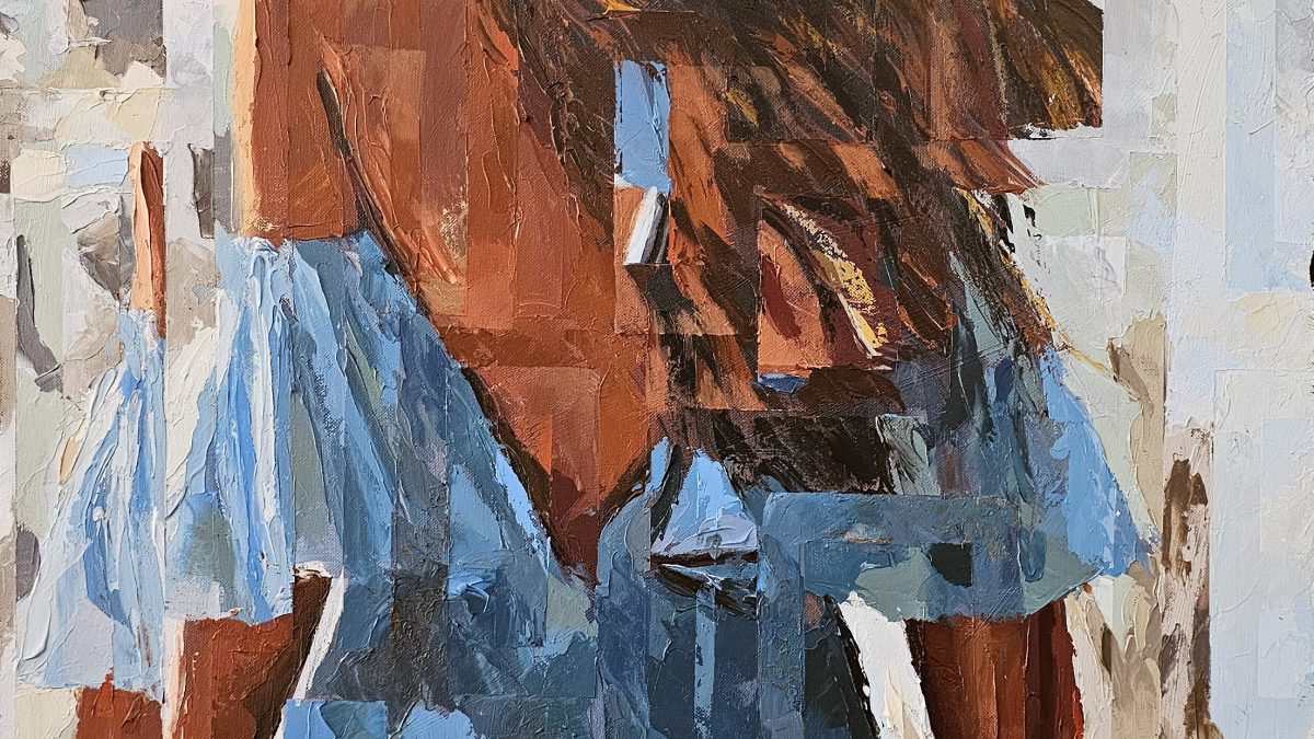 O Vento Veste-a de Azul, pintura de Rui Carruço de uma mulher de costas com vestido azul, técnica mista sobre tela