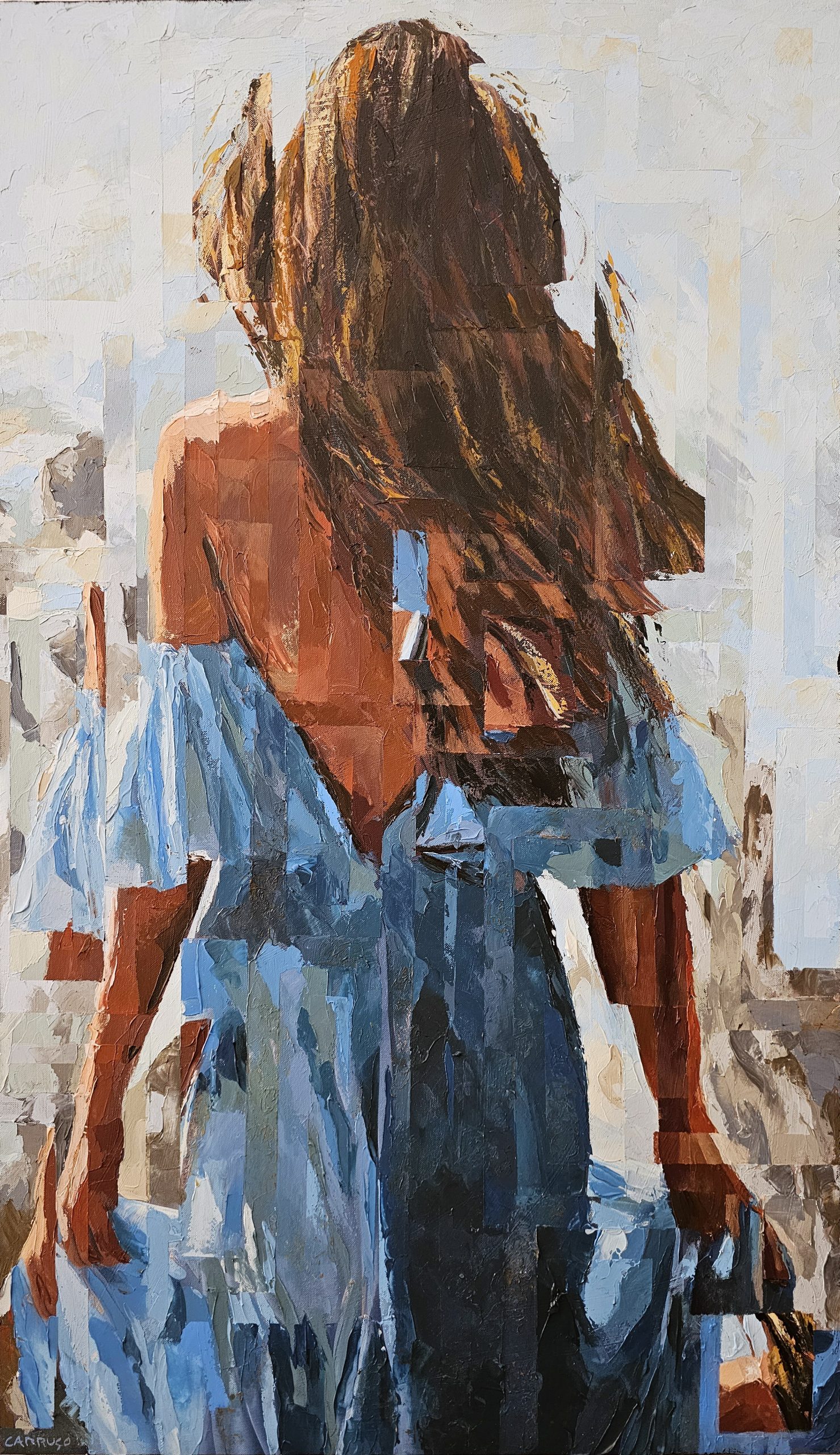 O Vento Veste-a de Azul, pintura de Rui Carruço de uma mulher de costas com vestido azul, técnica mista sobre tela