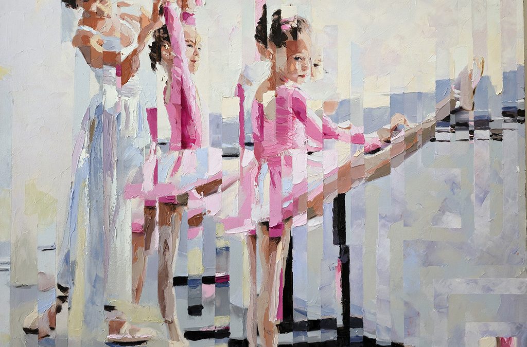 Pequenos Pés, Grandes Sonhos, pintura original de Rui Carruço com pequenas bailarinas numa aula de dança