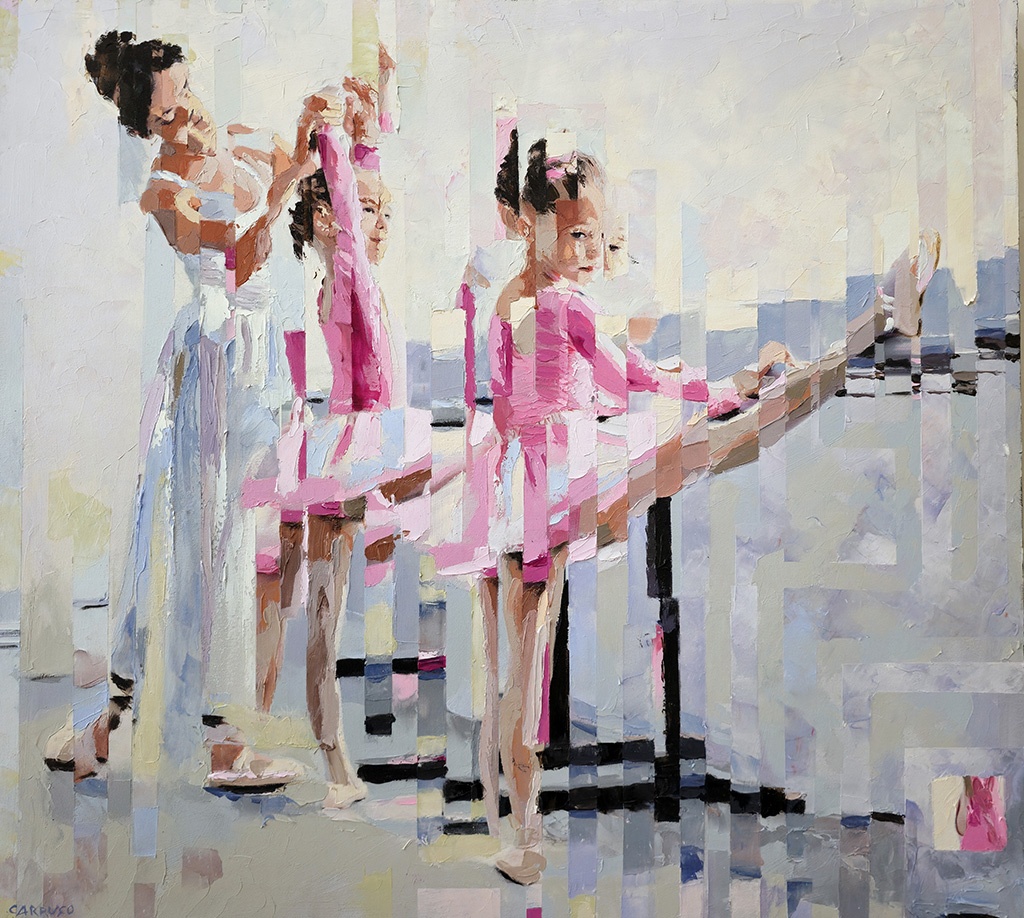 Pequenos Pés, Grandes Sonhos, pintura original de Rui Carruço com pequenas bailarinas numa aula de dança