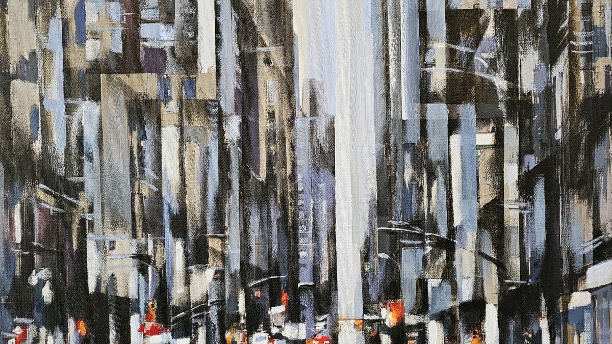Ritmo de Luzes e Chuva, pintura de Rui Carruço de uma rua de Nova Iorque num dia chuvoso, luzes e táxis na cidade