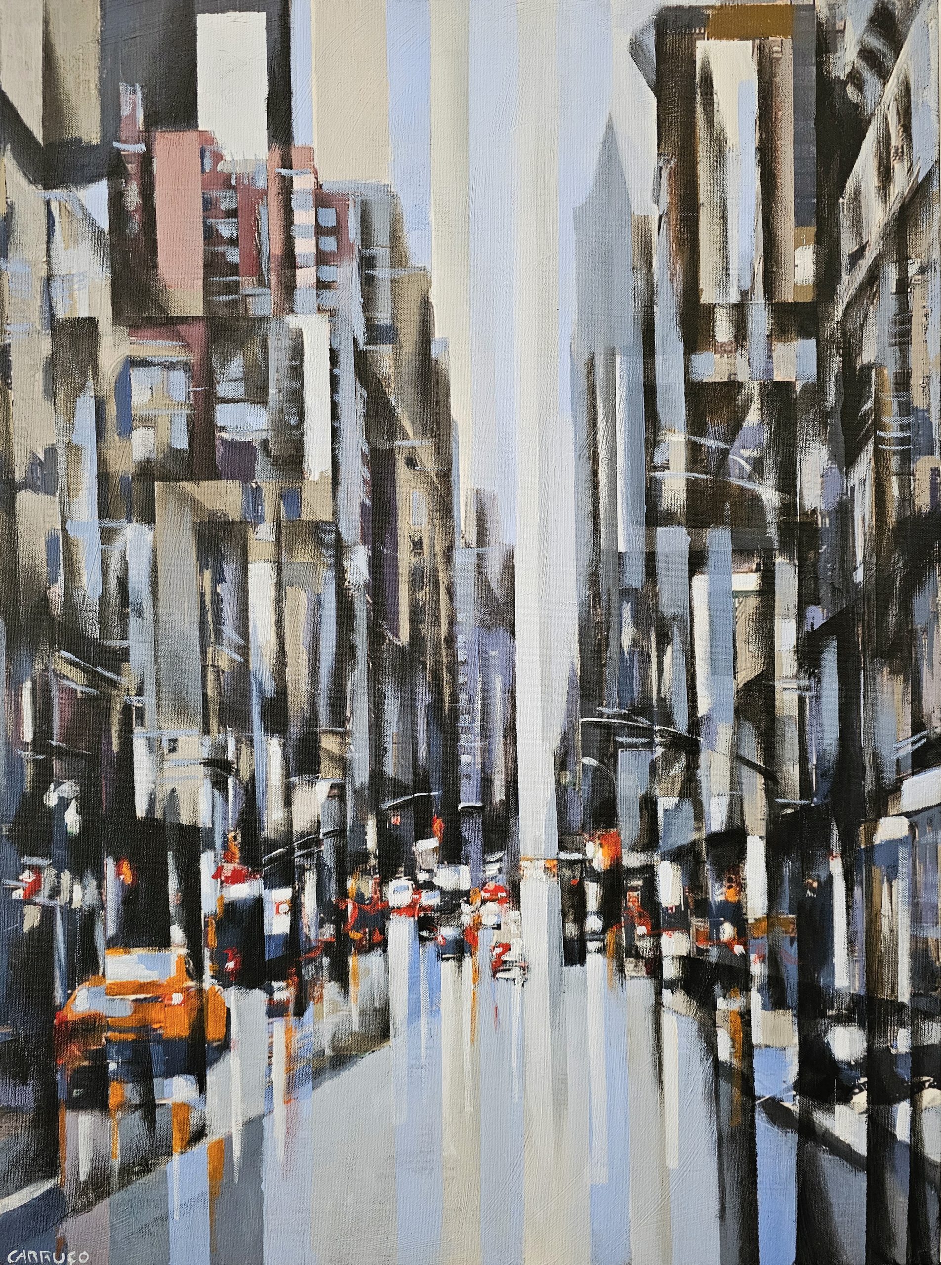 Ritmo de Luzes e Chuva, pintura de Rui Carruço de uma rua de Nova Iorque num dia chuvoso, luzes e táxis na cidade