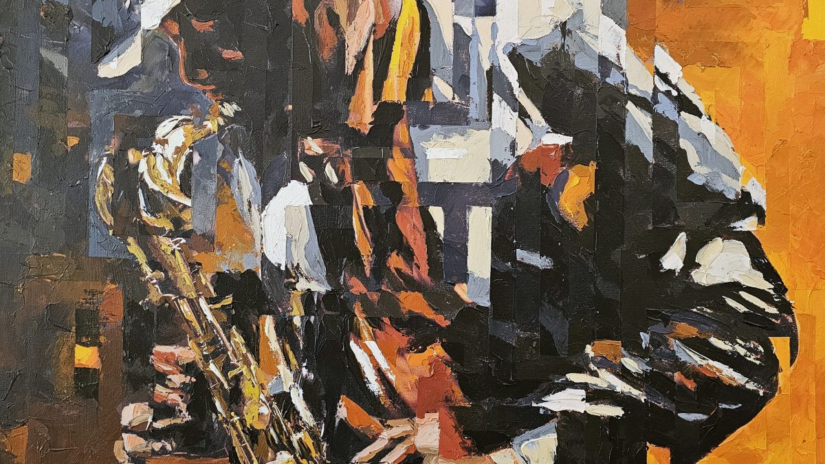Som e Luz Entre Sombras, pintura de Rui Carruço com um saxofonista de jazz, luz laranja e sombras