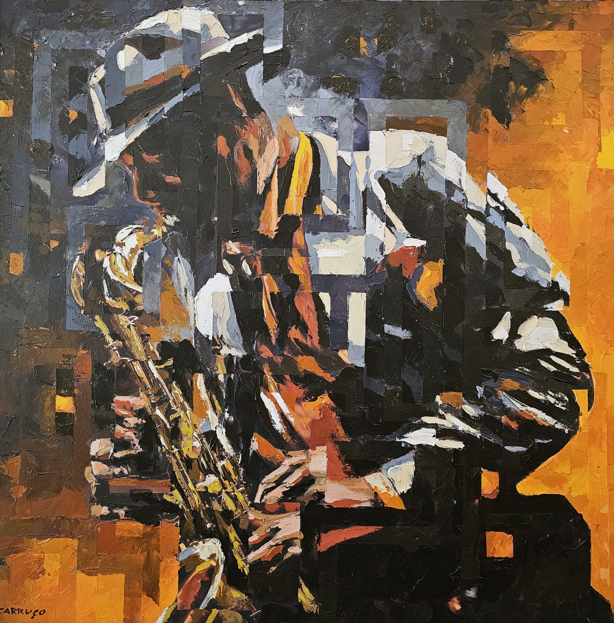 Som e Luz Entre Sombras, pintura de Rui Carruço com um saxofonista de jazz, luz laranja e sombras