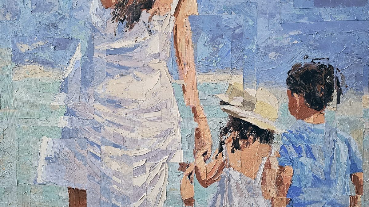 Entre passos e marés de luz — pintura original de Rui Carruço
